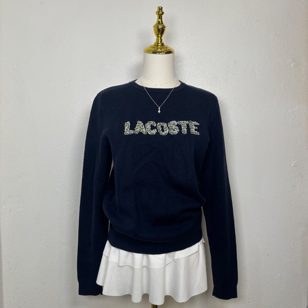 wool lacoste navy blue cable knit alligator sweater long sleeve preppy old money